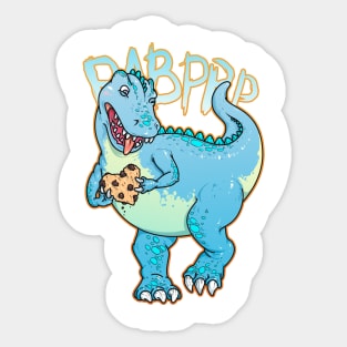 Funny cartoon dinosaur holding heart shaped cookie. Artwork. Sticker